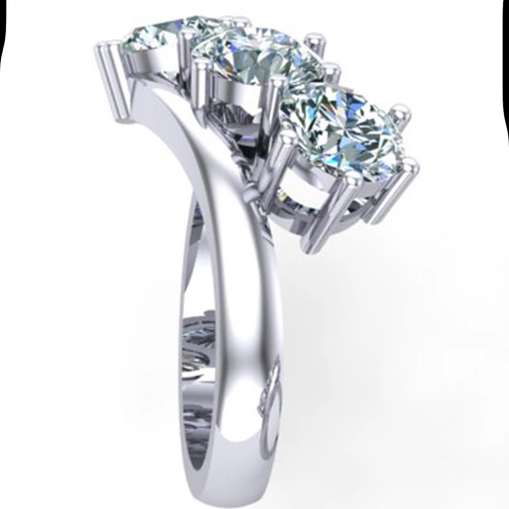 3 Stone 3.14Ct Vvs1:,Blue White Round Moissanite Diamond Engagement Silver Ring - Picture 3 of 5